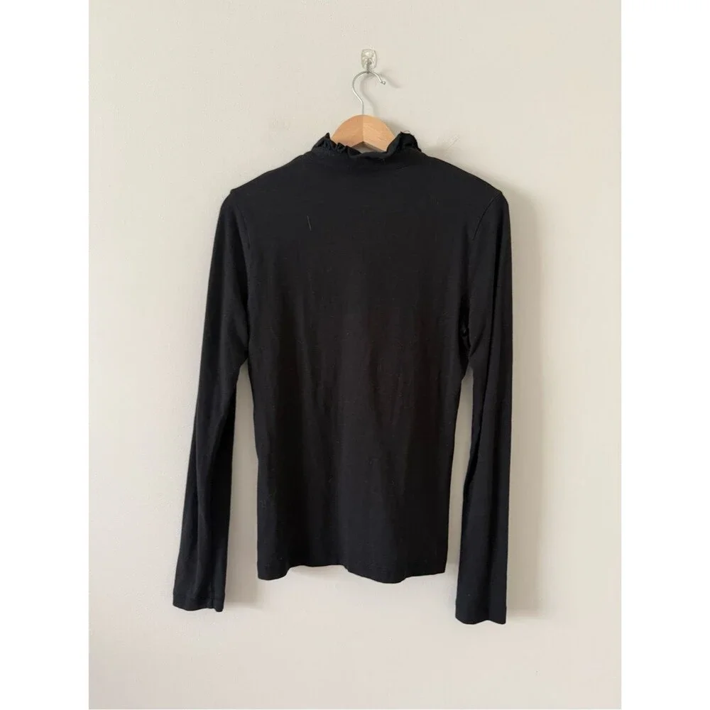Tory Burch Black Long-Sleeve Ruffle Collar Henley Size M